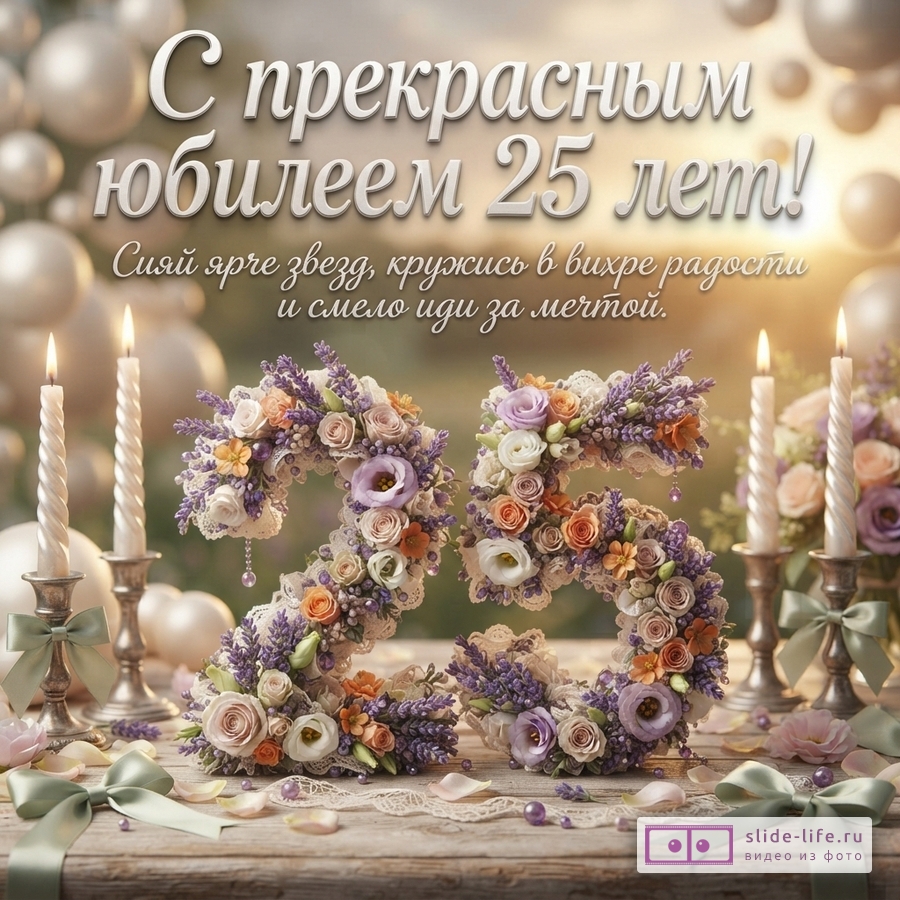 Объемная цифра 25 из роз и лаванды на деревянном столе со свечами и надпись «С прекрасным юбилеем 25 лет! Сияй ярче звезд, кружись в вихре радости и смело иди за мечтой.»