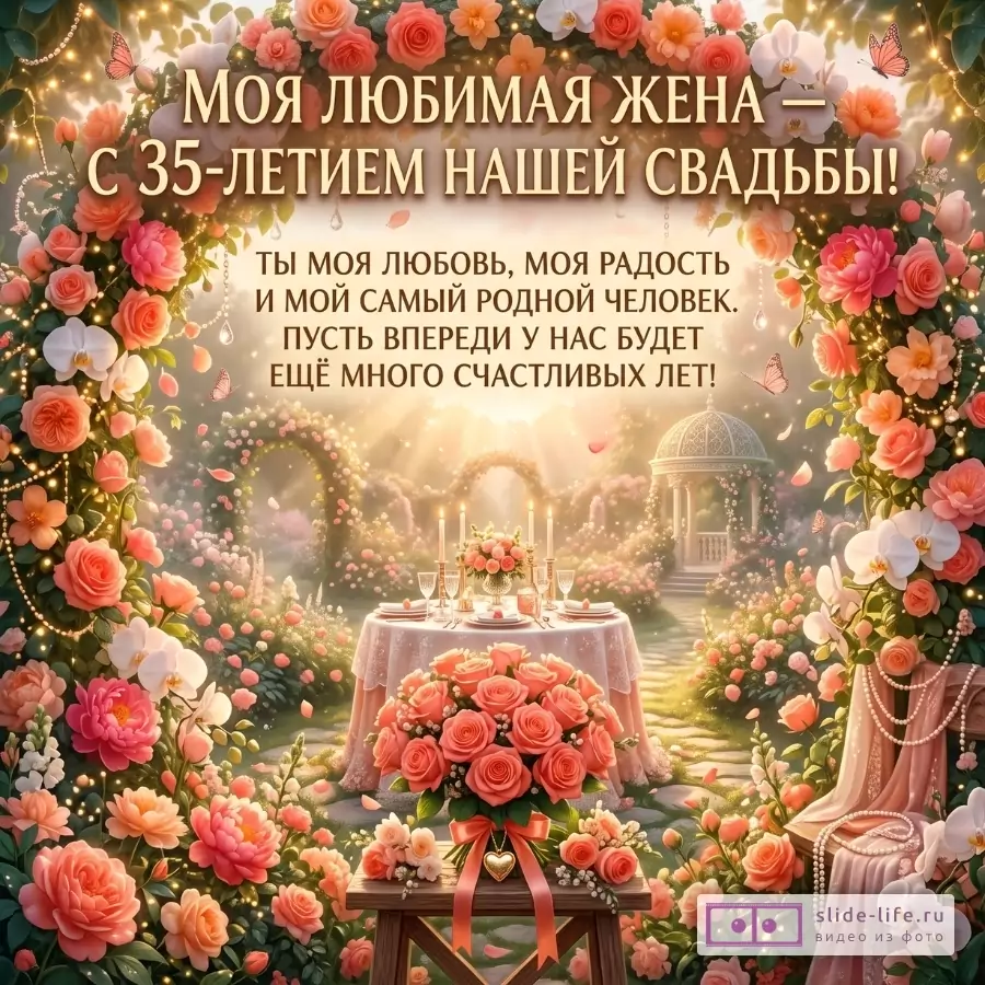 Теплый розово-золотой фон, цветочная арка, стол с букетом и свечами. Текст: «Моя любимая жена — с 35-летием нашей свадьбы! Ты моя любовь, моя радость и мой самый родной человек».