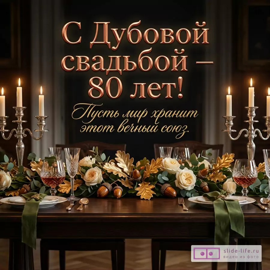 Тёмный праздничный интерьер с сервированным столом, свечами, белыми розами и дубовыми листьями. Текст: «С Дубовой свадьбой — 80 лет! Пусть мир хранит этот вечный союз.»