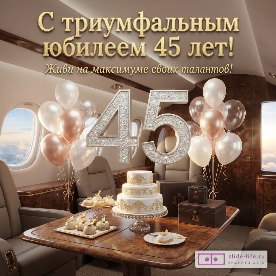Открытка с золотым текстом на фоне салона самолета, на столе торт, пирожные, коробки, шары. Текст: «С триумфальным юбилеем 45 лет! Живи на максимуме своих талантов!»