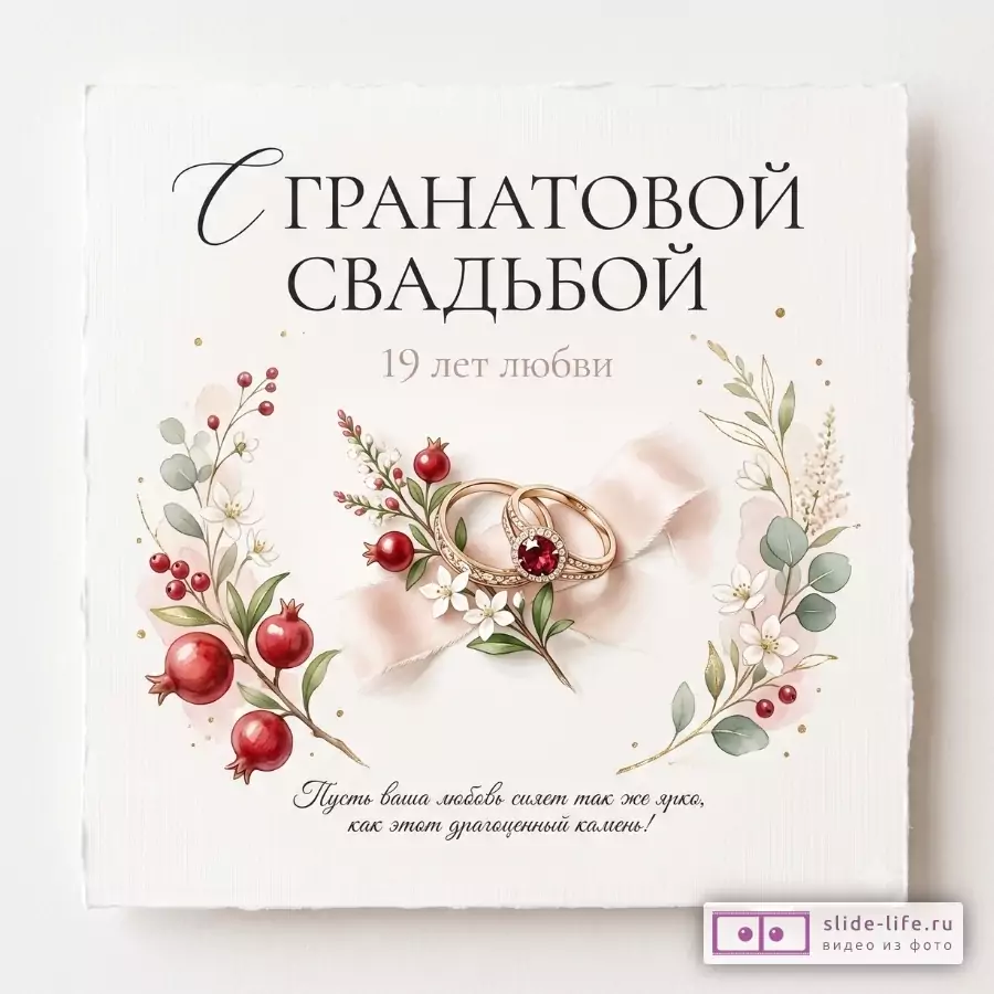 Белый фон, открытка в бежевых тонах с золотыми обручальными кольцами, гранатами, белыми цветами и зелеными ветвями. Текст: «С ГРАНАТОВОЙ СВАДЬБОЙ», «19 лет любви».