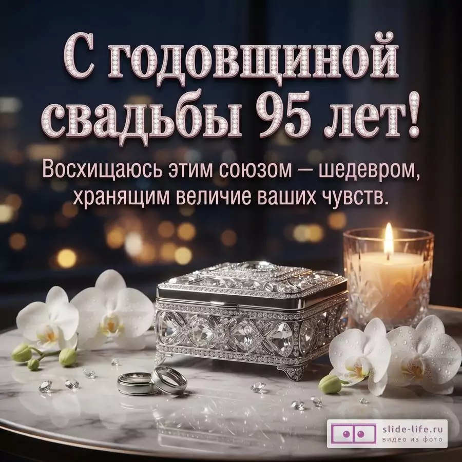 Тёмный фон, свеча, серебряная шкатулка, обручальные кольца и белые орхидеи. Текст: «С годовщиной свадьбы 95 лет! Восхищаюсь этим союзом — шедевром, хранящим величие ваших чувств.»