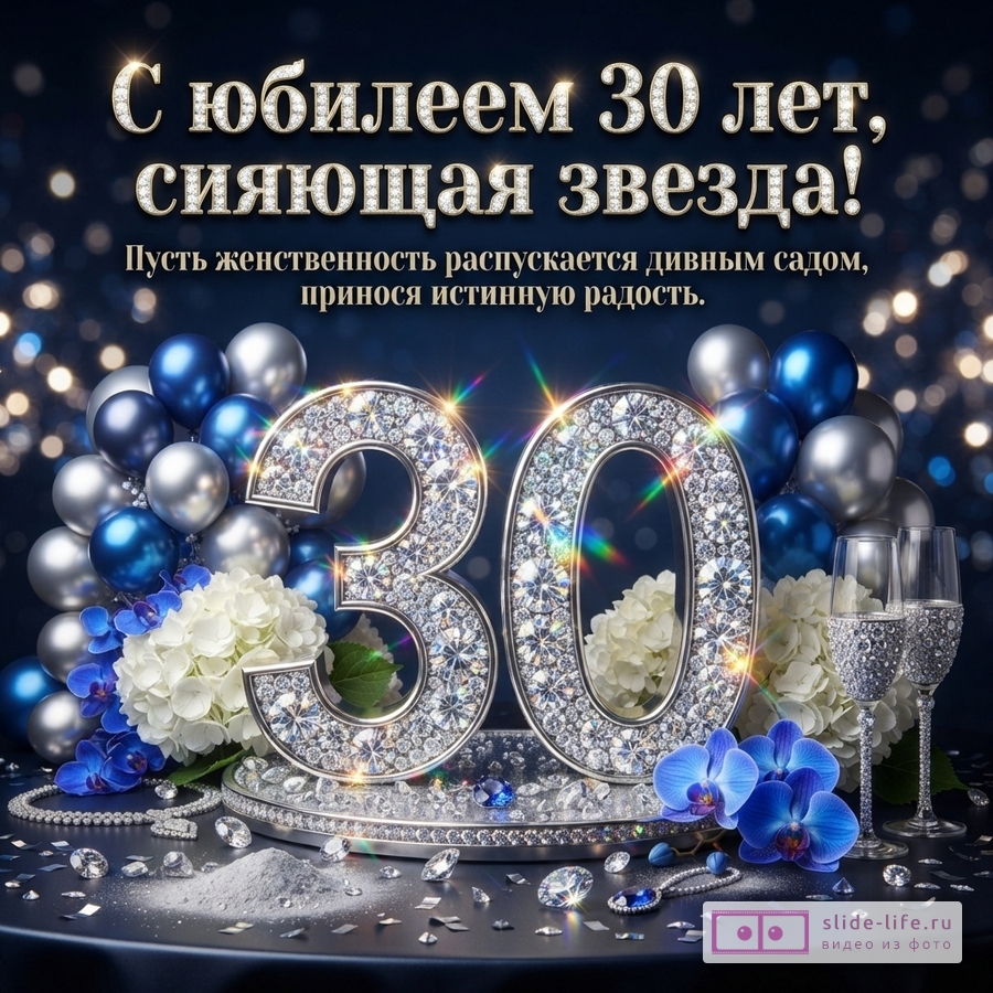 Объемная бриллиантовая цифра 30 в окружении синих и серебряных шаров, цветов и бокалов с надписью «С юбилеем 30 лет, сияющая звезда! Пусть женственность распускается дивным садом...».
