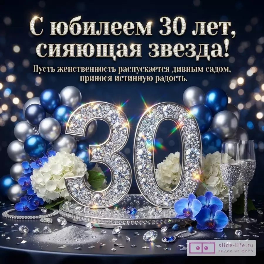 Объемная бриллиантовая цифра 30 в окружении синих и серебряных шаров, цветов и бокалов с надписью «С юбилеем 30 лет, сияющая звезда! Пусть женственность распускается дивным садом...».