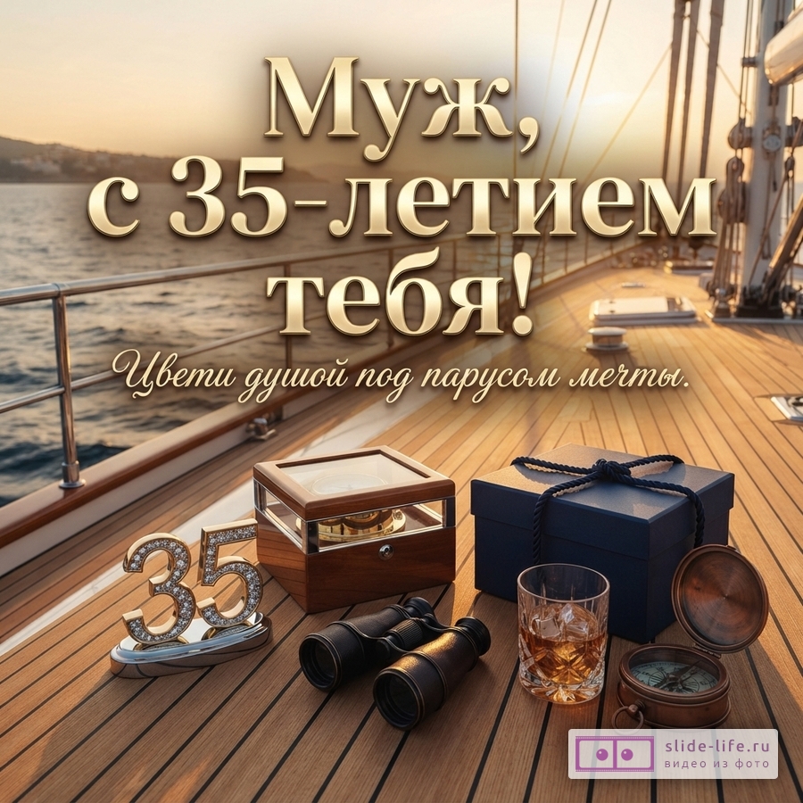 Палуба яхты на закате с подарками, биноклем, компасом и надписью «Муж, с 35-летием тебя! Цвети душой под парусом мечты.»