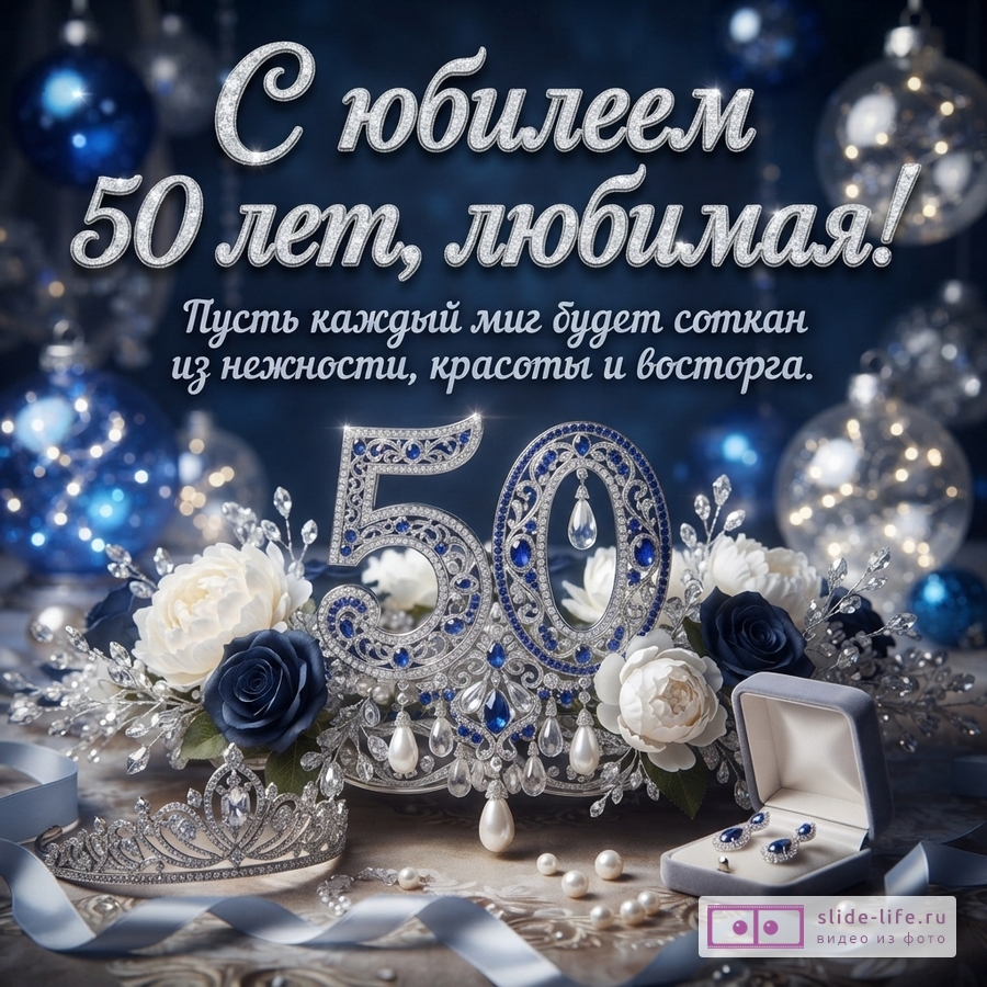 Темно-синий фон с размытыми огоньками. В центре композиция из белых и синих роз, серебряных украшений с синими камнями в виде цифры «50», короны и шкатулки с серьгами. Текст: «С юбилеем 50 лет, любимая! Пусть каждый миг будет соткан из нежности, красоты и восторга.»