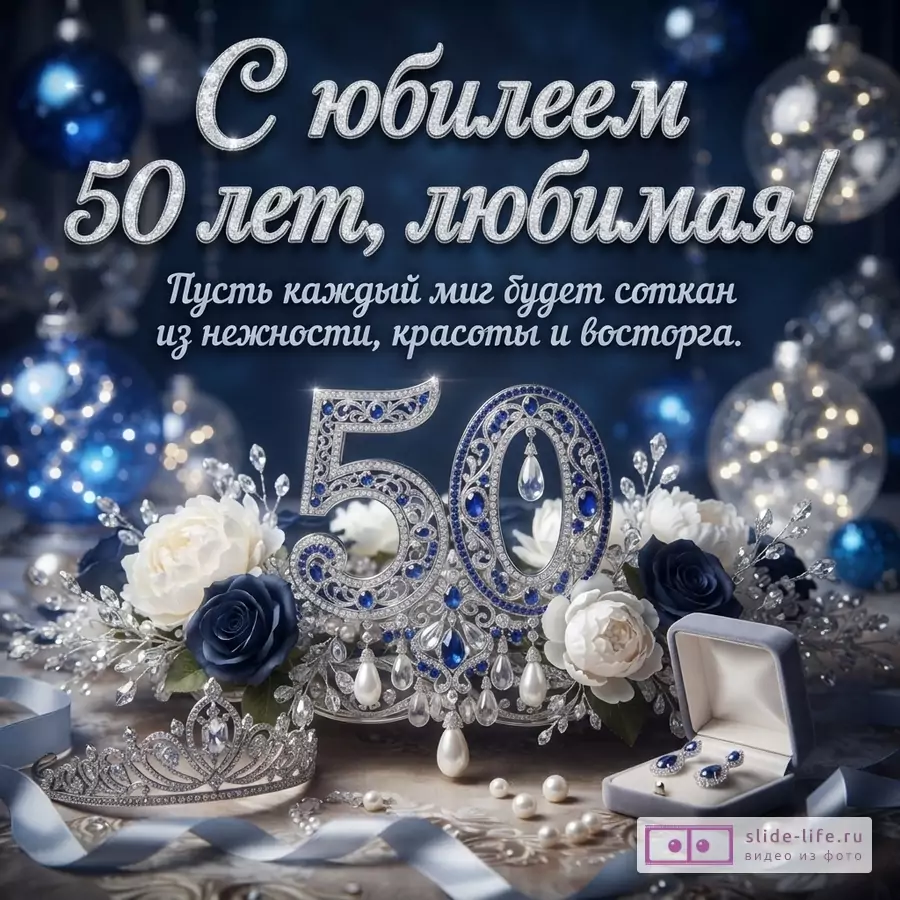 Темно-синий фон с размытыми огоньками. В центре композиция из белых и синих роз, серебряных украшений с синими камнями в виде цифры «50», короны и шкатулки с серьгами. Текст: «С юбилеем 50 лет, любимая! Пусть каждый миг будет соткан из нежности, красоты и восторга.»