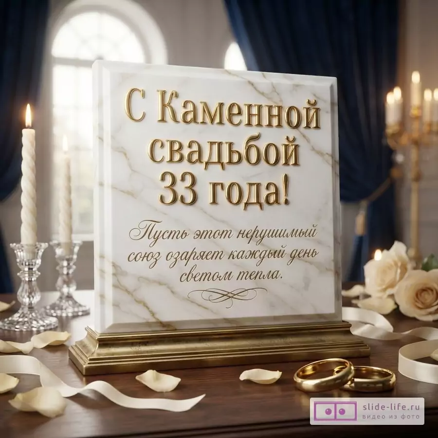 Белая мраморная табличка с золотой рамкой на деревянном столе, текст «С Каменной свадьбой 33 года! Пусть этот нерушимый союз озаряет каждый день светом тепла.», две свечи, два золотых кольца, лепестки роз, лента, розы, синие шторы