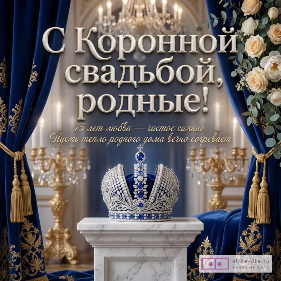 Корона с сапфирами на мраморной колонне, синий бархатный занавес с позолотой, розы и надпись «С Коронной свадьбой, родные! 75 лет любви — чистое сияние. Пусть тепло родного дома вечно согревает.»