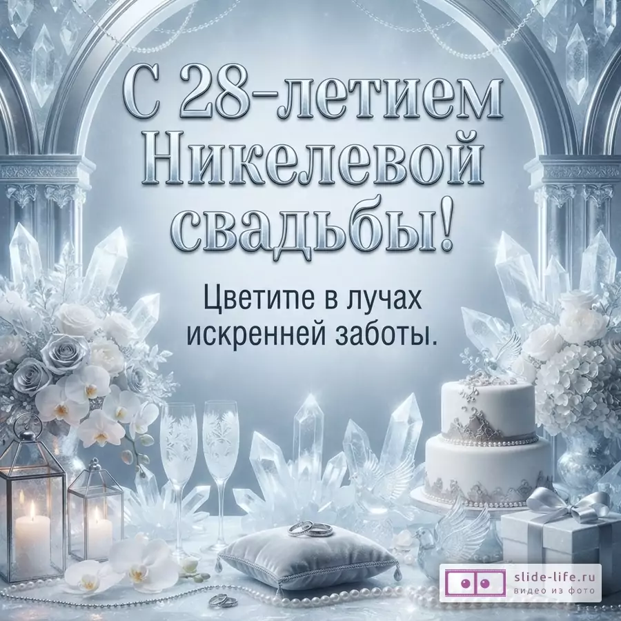 Фон светло-голубой с кристаллами и цветами. В центре надпись «С 28-летием Никелевой свадьбы! Цветите в лучах искренней заботы.»