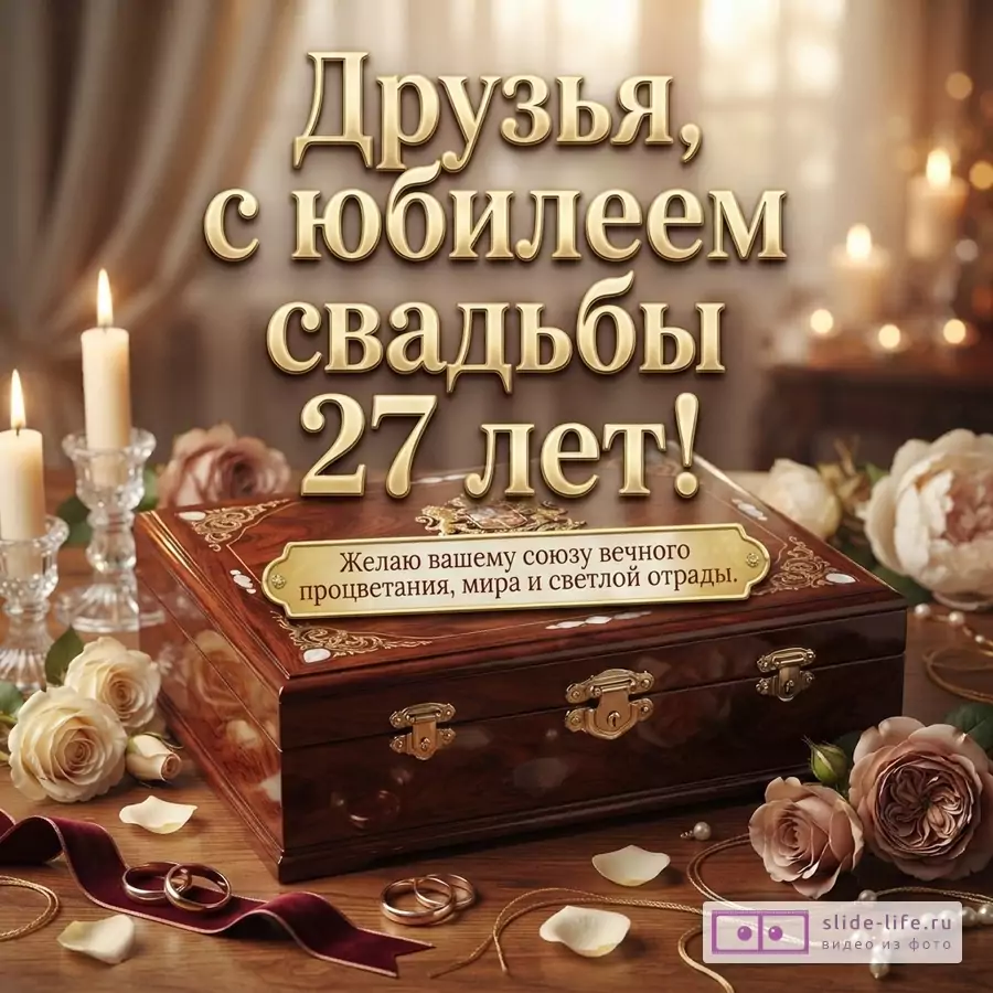 Коричневый фон, золотой текст. Надпись «Друзья, с юбилеем свадьбы 27 лет! Желаю вашему союзу вечного процветания, мира и светлой отрады.»