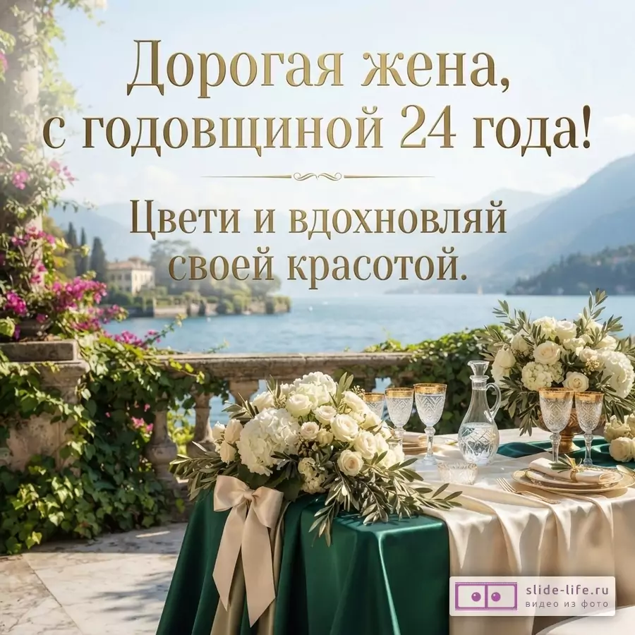 Стол с атласной драпировкой и букетами на террасе у озера, надпись: «Дорогая жена, с годовщиной 24 года! Цвети и вдохновляй своей красотой.»