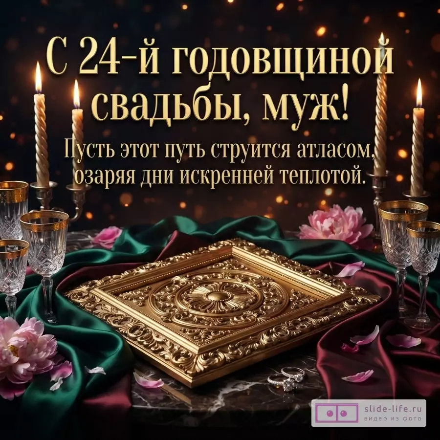 Зажженные свечи, хрустальные бокалы, драпировка из зеленого и бордового атласа и золотой багет с текстом «С 24-й годовщиной свадьбы, муж! Пусть этот путь струится атласом, озаряя дни искренней теплотой».