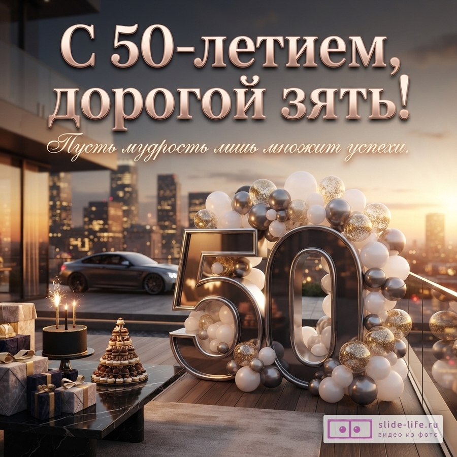 Темный фон, вид на город на закате. В центре композиция из шаров и цифр «50». Слева торт, подарки. Текст: «С 50-летием, дорогой зять! Пусть мудрость лишь множит успехи.»