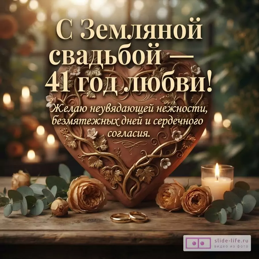 Коричневое сердце с золотым узором на деревянном столе, на фоне свечи и цветов. Текст: «С Земляной свадьбой — 41 год любви! Желаю неувядающей нежности, безмятежных дней и сердечного согласия.»