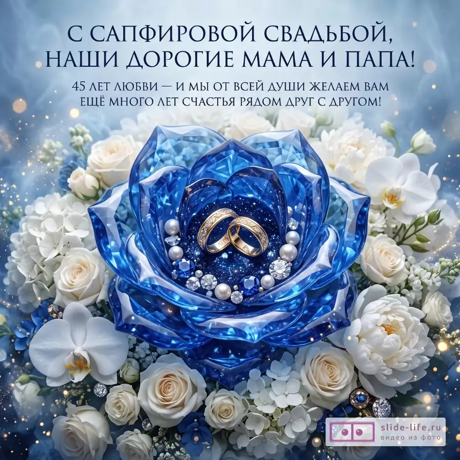 Синий фон с белыми цветами и голубой стеклянной розой, в центре золотые кольца и жемчуг. Текст: «С САПФИРОВОЙ СВАДЬБОЙ, НАШИ ДОРОГИЕ МАМА И ПАПА! 45 ЛЕТ ЛЮБВИ…»