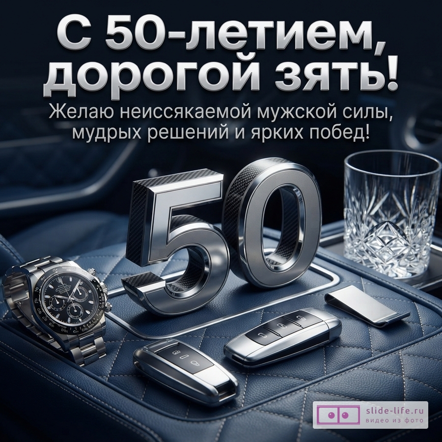 Открытка с юбилеем 50 лет зятю. На синем фоне кожаного салона автомобиля расположены часы, ключи от машины, стакан и объемные цифры «50». Текст: «С 50-летием, дорогой зять! Желаю неиссякаемой мужской силы, мудрых решений и ярких побед!»