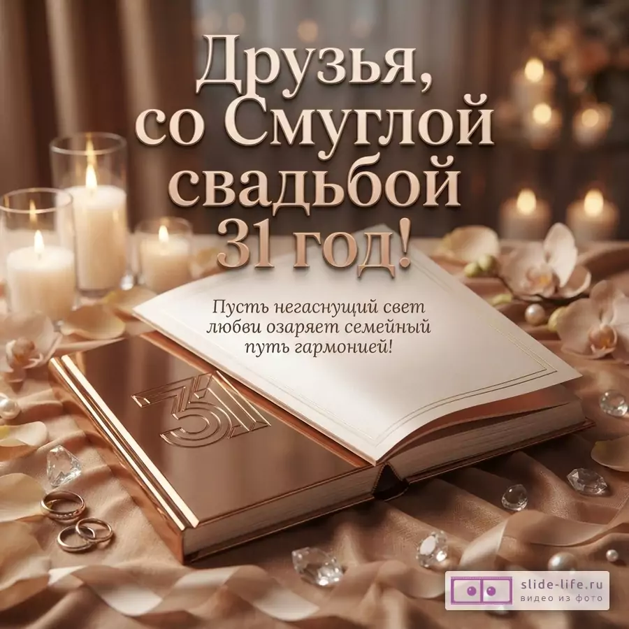 Теплый бежево-коричневый фон, свечи, цветы, книга с тиснением, текст «Друзья, со Смуглой свадьбой. Пусть негаснущий свет любви озаряет семейный путь гармонией!»