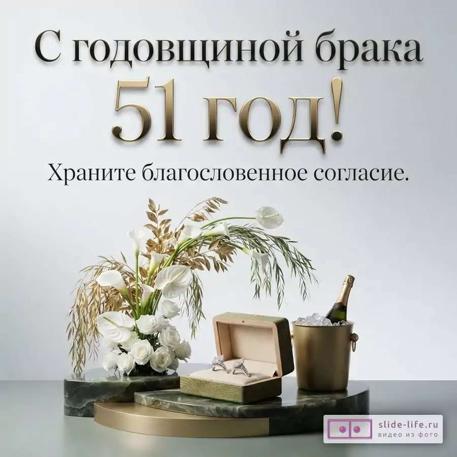 Светлый фон, золотые буквы, текст «С годовщиной брака 51 год! Храните благословенное согласие.».