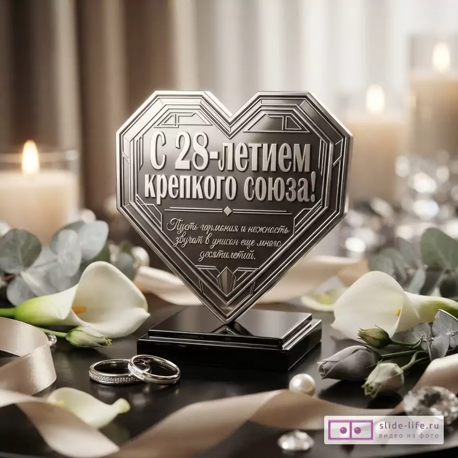 Серебряная табличка в форме сердца на черной подставке, фон размытый, свечи, цветы каллы, обручальные кольца, ленты, жемчуг. Текст на табличке: «С 28-летием крепкого союза! Пусть гармония и нежность звучат в унисон еще много десятилетий.»
