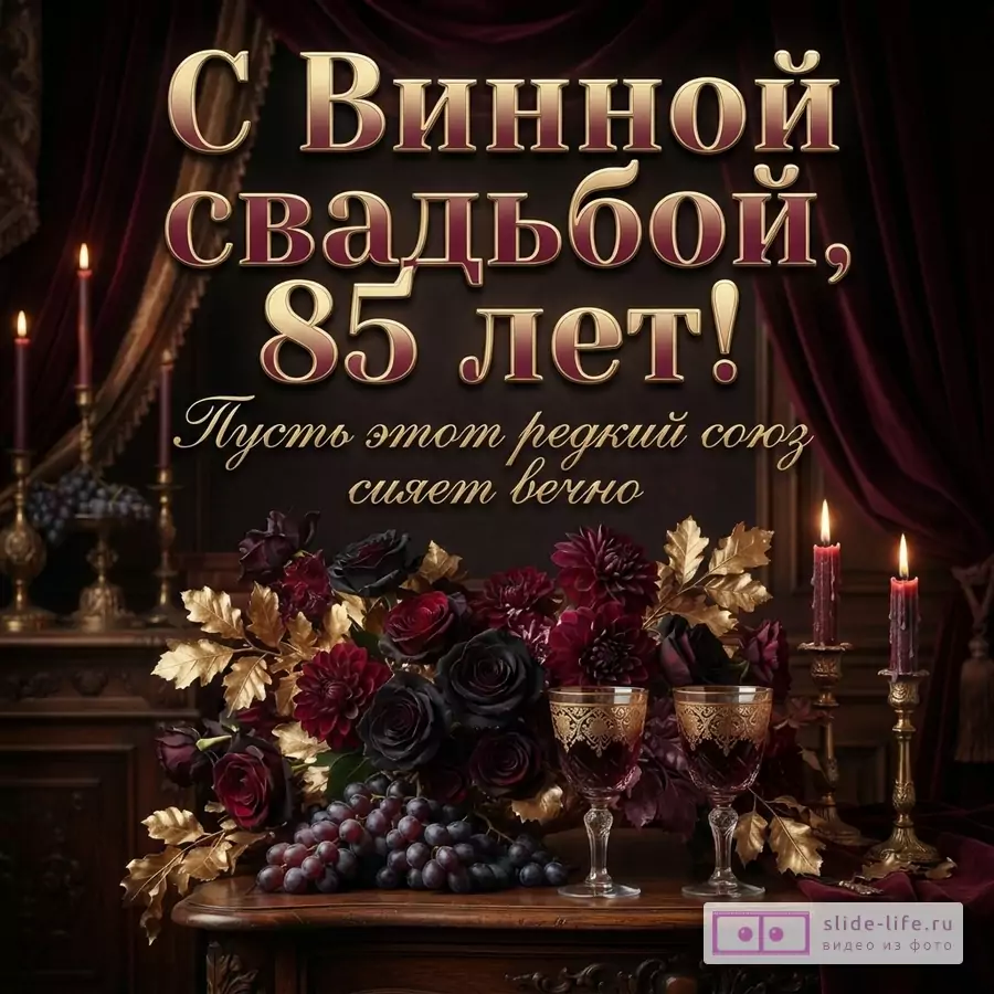 Темный бордовый интерьер со свечами, букетом, виноградом и бокалами, текст «С Винной свадьбой, 85 лет! Пусть этот редкий союз сияет вечно»