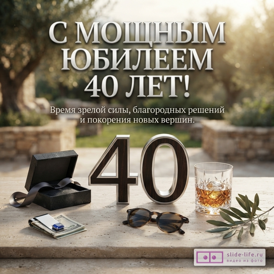 Открытка с размытым фоном сада, на переднем плане стол с цифрами «40», открытой черной коробкой, зажимом для денег с купюрами, солнцезащитными очками, стаканом виски со льдом и оливковой веткой. Текст: «С МОЩНЫМ ЮБИЛЕЕМ 40 ЛЕТ! Время зрелой силы, благородных решений и покорения новых вершин.»