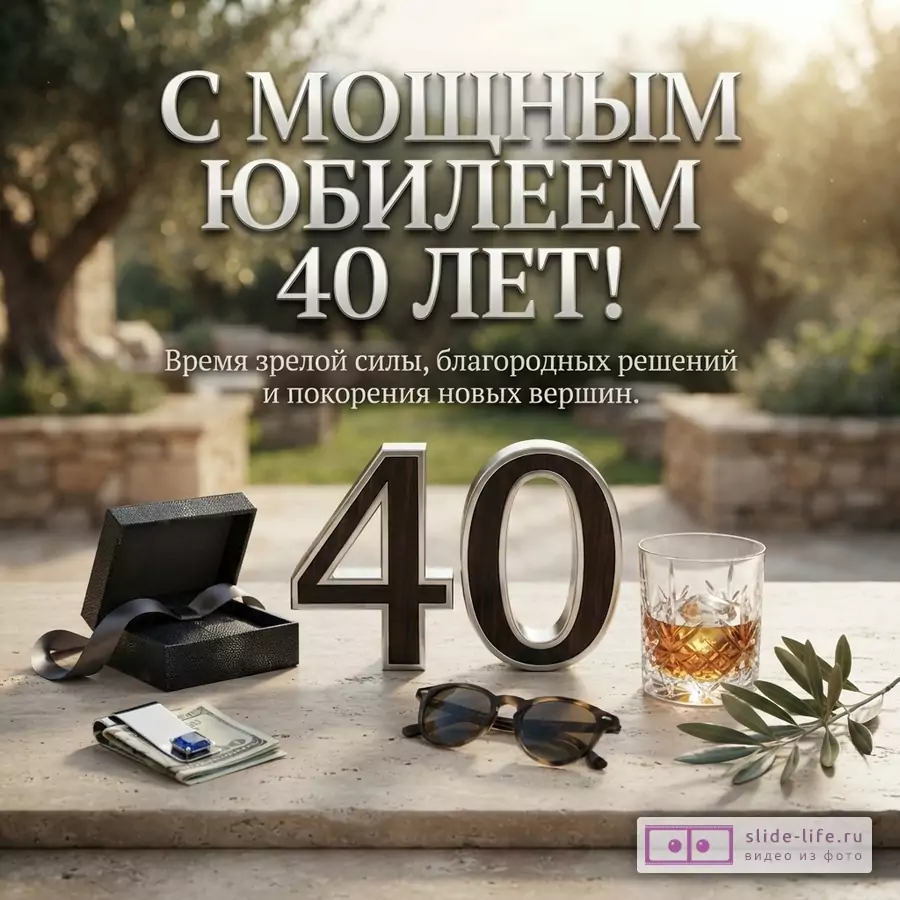 Открытка с размытым фоном сада, на переднем плане стол с цифрами «40», открытой черной коробкой, зажимом для денег с купюрами, солнцезащитными очками, стаканом виски со льдом и оливковой веткой. Текст: «С МОЩНЫМ ЮБИЛЕЕМ 40 ЛЕТ! Время зрелой силы, благородных решений и покорения новых вершин.»