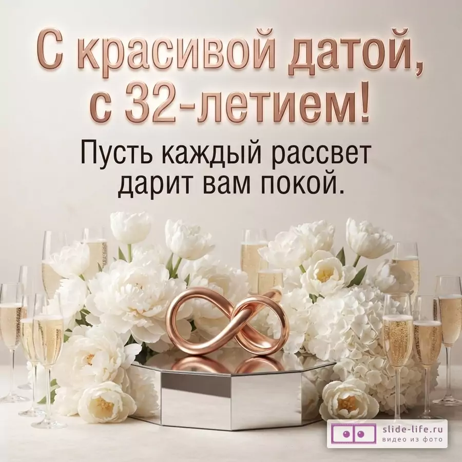 Бежевый фон, белые цветы, бокалы с шампанским, знак бесконечности медного цвета. Текст: «С красивой датой, с 32-летием! Пусть каждый рассвет дарит вам покой.»