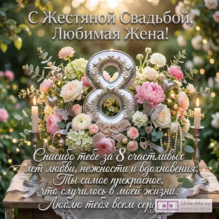 Жестяная свадьба 8 лет — красивая открытка любимой жене от мужа с поздравлением