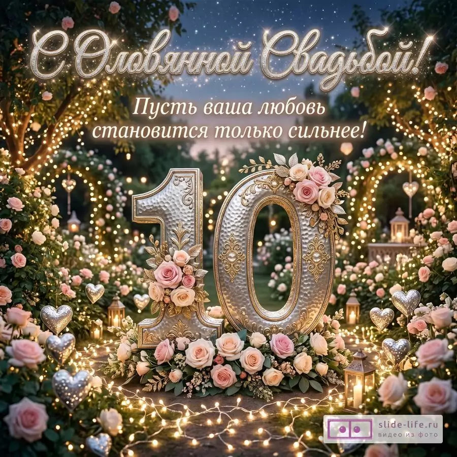 Синий вечерний фон, гирлянды, розы, фонари, объемная цифра 10 с цветами. Текст «С Оловянной Свадьбой! Пусть ваша любовь становится только сильнее!»