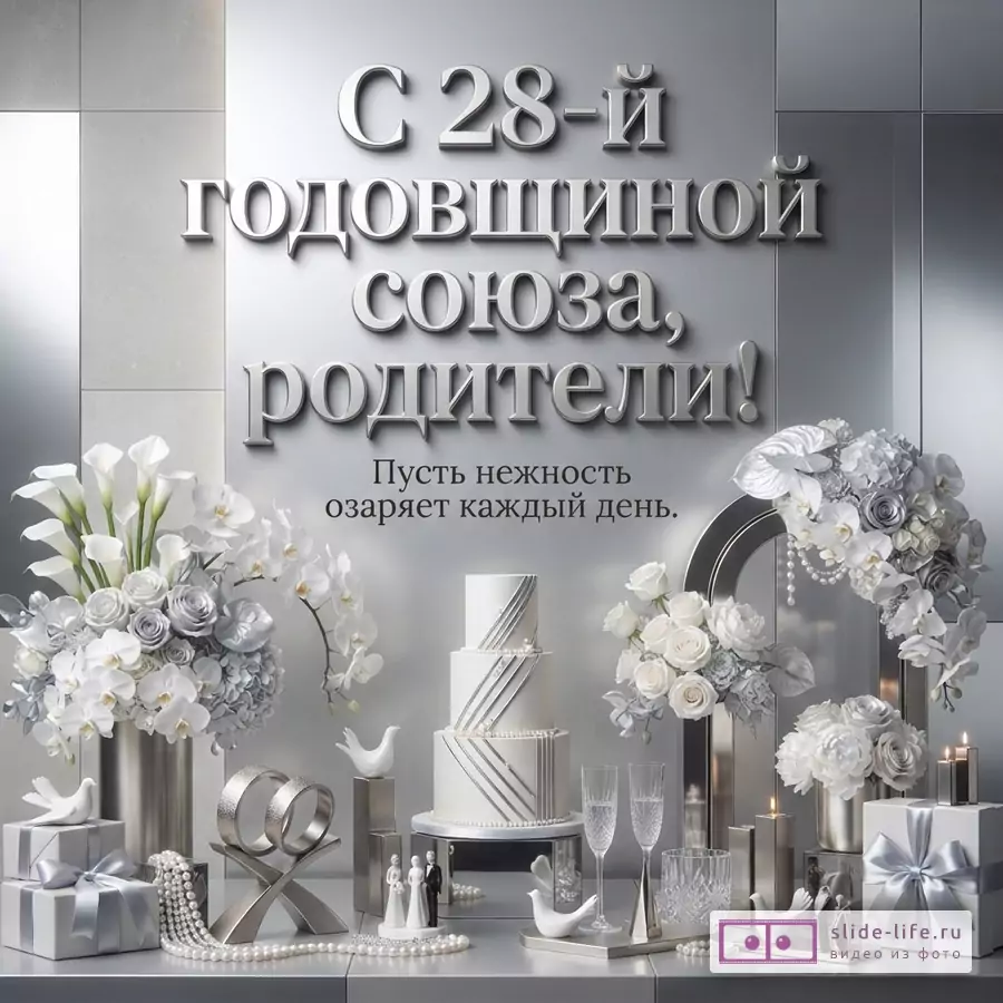Открытка с надписью «С 28-й годовщиной союза, родители! Пусть нежность озаряет каждый день» на сером фоне, с обручальными кольцами, тортом, цветами и подарками