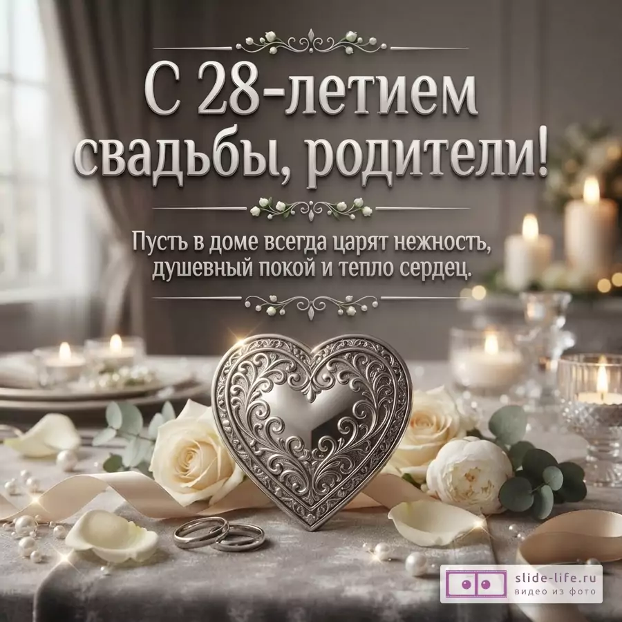 Серый фон, свечи, белые розы, серебряное сердце, обручальные кольца. Текст: «С 28-летием свадьбы, родители! Пусть в доме всегда царят нежность, душевный покой и тепло сердец.»