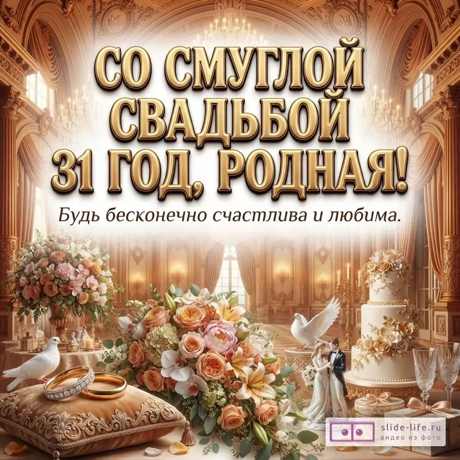 Текст «Со Смуглой свадьбой 31 год, родная! Будь бесконечно счастлива и любима.» на светлом фоне, золотые буквы, цветы, свадебный торт, голуби, подарки