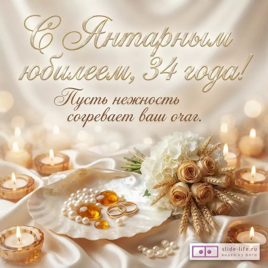 Бежевый фон, золотые буквы, текст «С Янтарным юбилеем, 34 года! Пусть нежность согревает ваш очаг.», букет из белых и золотых роз, колосья пшеницы, ракушка с жемчугом, янтарем и обручальными кольцами, свечи.