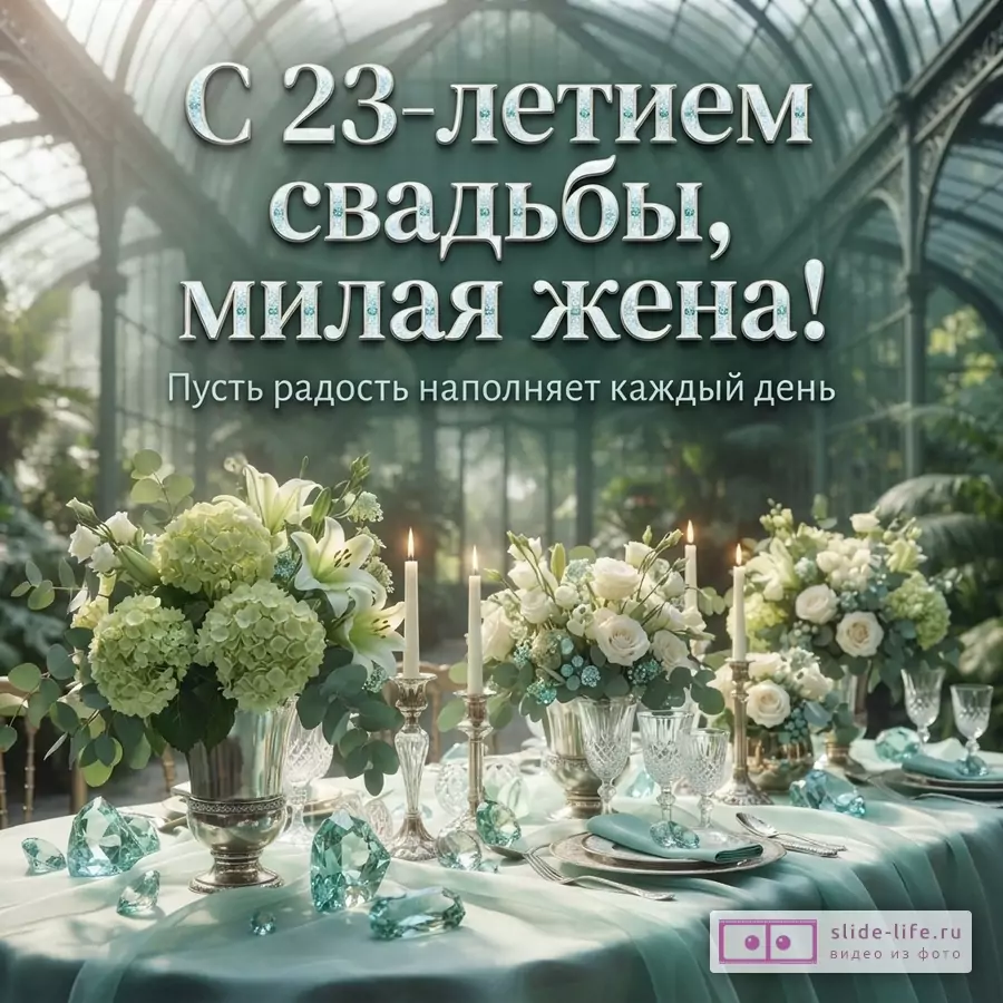 Сервированный стол со свечами, белыми цветами и кристаллами в оранжерее, надпись «С 23-летием свадьбы, милая жена! Пусть радость наполняет каждый день».