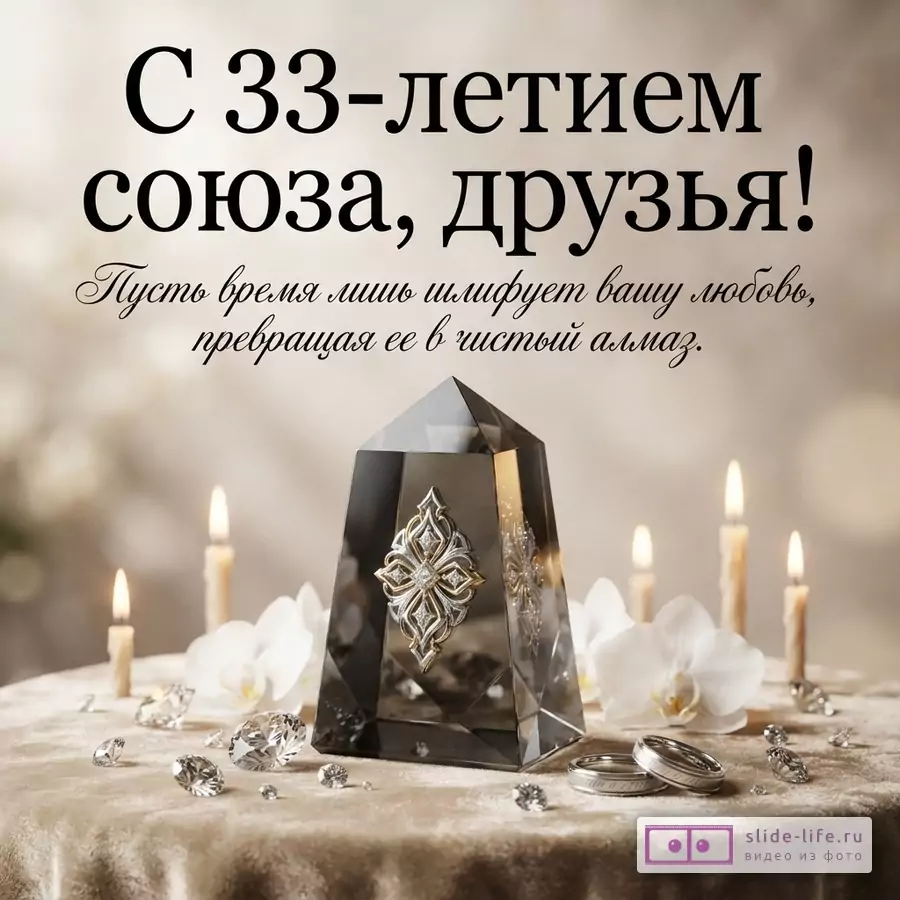 Бежевый фон, сверху текст черным шрифтом, снизу курсивом. В центре прозрачный кристалл с золотым узором, вокруг белые орхидеи, горящие свечи, рассыпанные бриллианты и обручальные кольца. Текст: «С 33-летием союза, друзья! Пусть время лишь шлифует вашу любовь, превращая ее в чистый алмаз.»