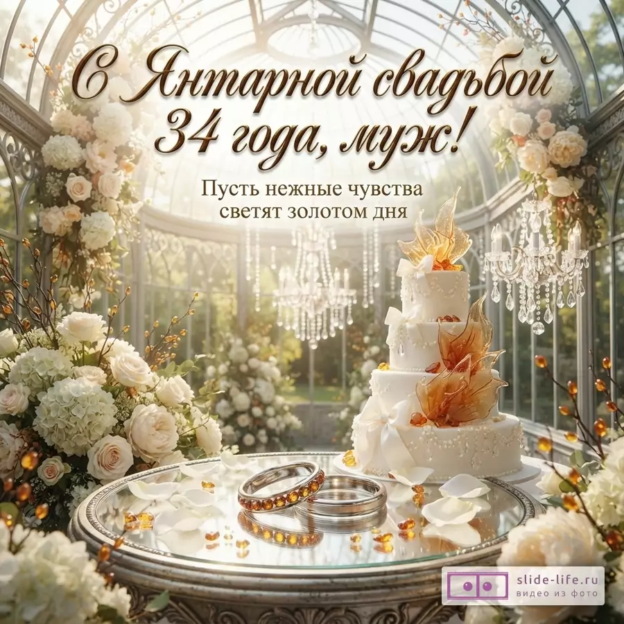 Открытка с Янтарной свадьбой для мужа. На фоне оранжереи с цветами и люстрами, белый торт, два кольца, лепестки. Текст «С Янтарной свадьбой 34 года, муж! Пусть нежные чувства светят золотом дня»