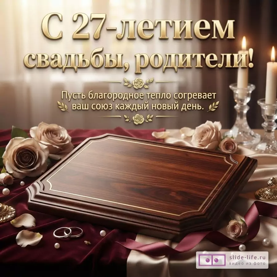 Открытка с золотыми буквами на бежевом фоне, деревянная доска, розы, свечи, кольца. Текст: «С 27-летием свадьбы, родители! Пусть благородное тепло согревает ваш союз каждый новый день.»