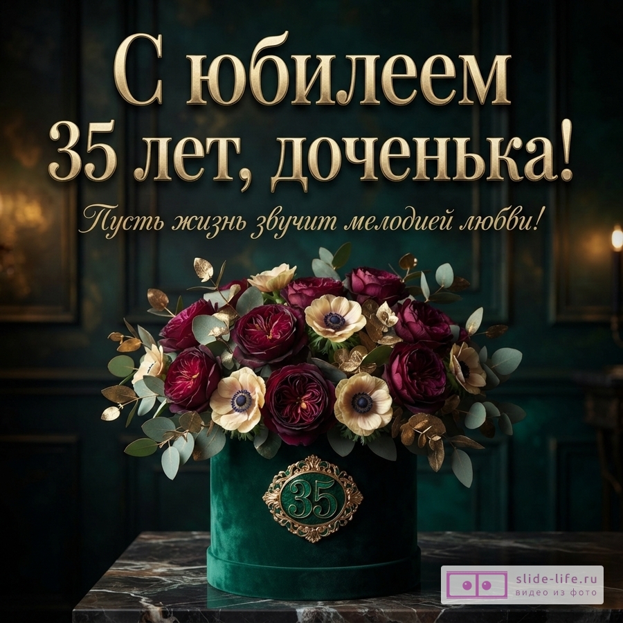 Букет из бордовых роз и светлых анемонов в зеленой бархатной коробке с цифрой 35 на темном фоне с надписью «С юбилеем 35 лет, доченька! Пусть жизнь звучит мелодией любви!»
