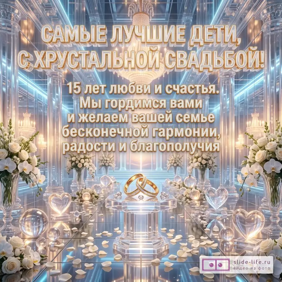 Открытка с хрустальной свадьбой 15 лет детям — поздравление от родителей с годовщиной свадьбы