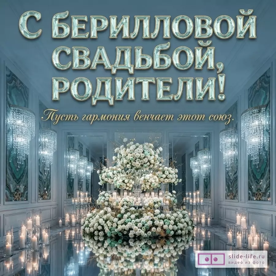 Зал с хрустальными люстрами, композицией из белых цветов, свечами и текстом «С БЕРИЛЛОВОЙ СВАДЬБОЙ, РОДИТЕЛИ! Пусть гармония венчает этот союз.»