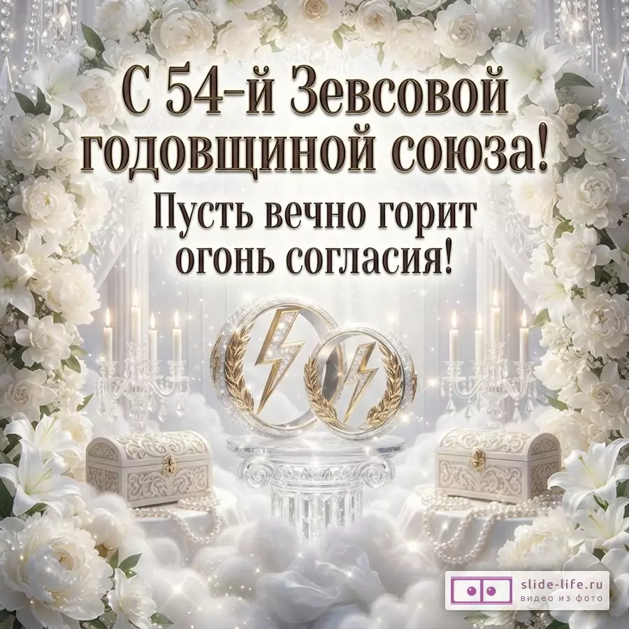 Белый фон, белые цветы, белые розы, белые лилии, свечи, две золотые медали с молнией, две белые шкатулки, жемчуг. Текст: «С 54-й Зевсовой годовщиной союза! Пусть вечно горит огонь согласия!»