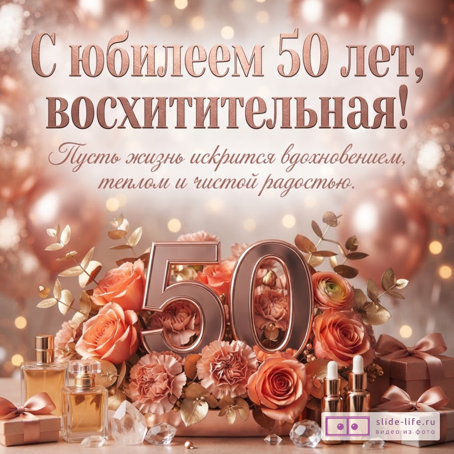Блестящие розово-золотые воздушные шары и композиция из персиковых роз, цифры пятьдесят, флаконов духов и подарков с надписью «С юбилеем 50 лет, восхитительная! Пусть жизнь искрится вдохновением, теплом и чистой радостью.»