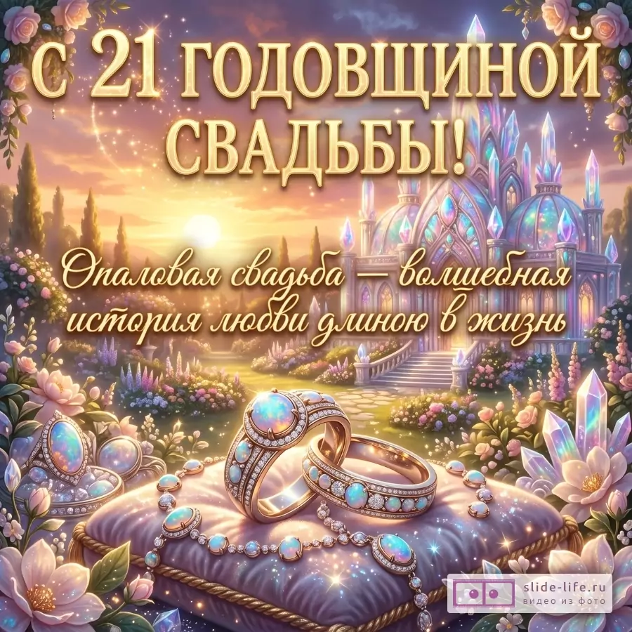 Золотые кольца с опалами и ожерелье на сиреневой подушке, лилово-золотой фон, цветы, кристаллы, сказочный дворец. Текст: «С 21 годовщиной свадьбы! Опаловая свадьба — волшебная история любви длиною в жизнь»