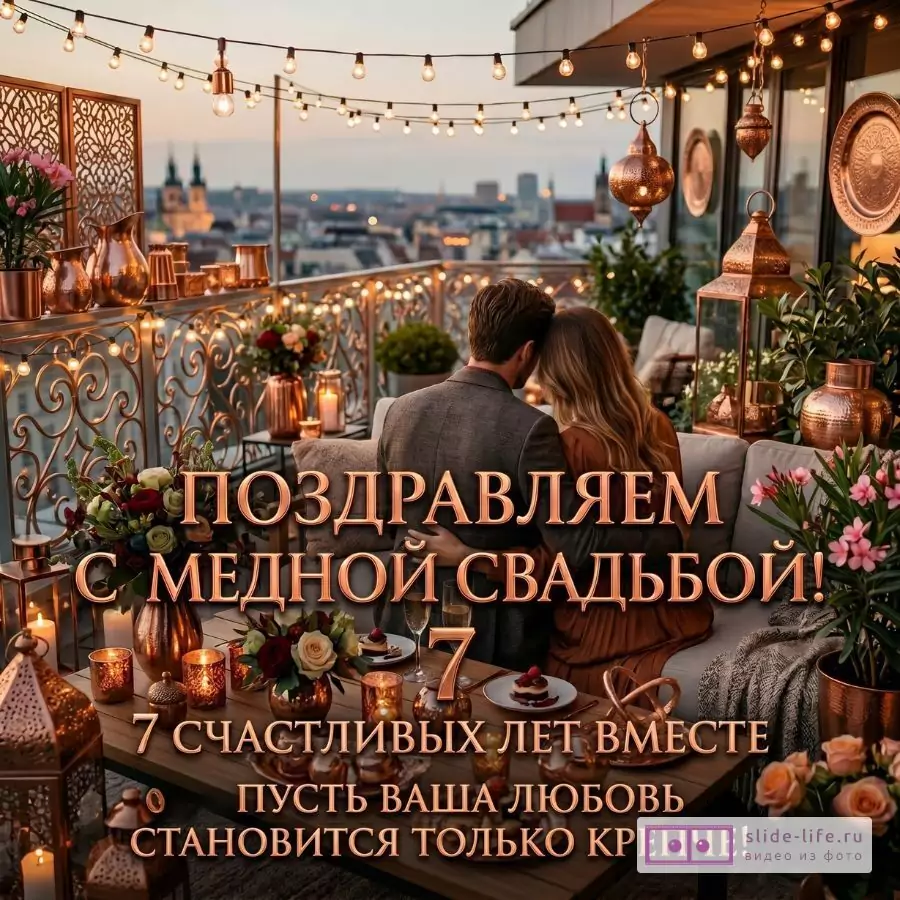 Медная свадьба 7 лет вместе — душевная открытка с поздравлением для друзей