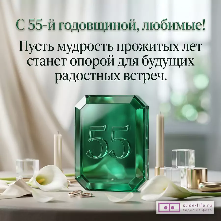 Светло-серый и бежевый размытый фон, зеленая стеклянная табличка с числом 55, белые каллы, белые свечи, обручальные кольца, стеклянные флаконы, текст «С 55-й годовщиной, любимые! Пусть мудрость прожитых лет станет опорой для будущих радостных встреч.»