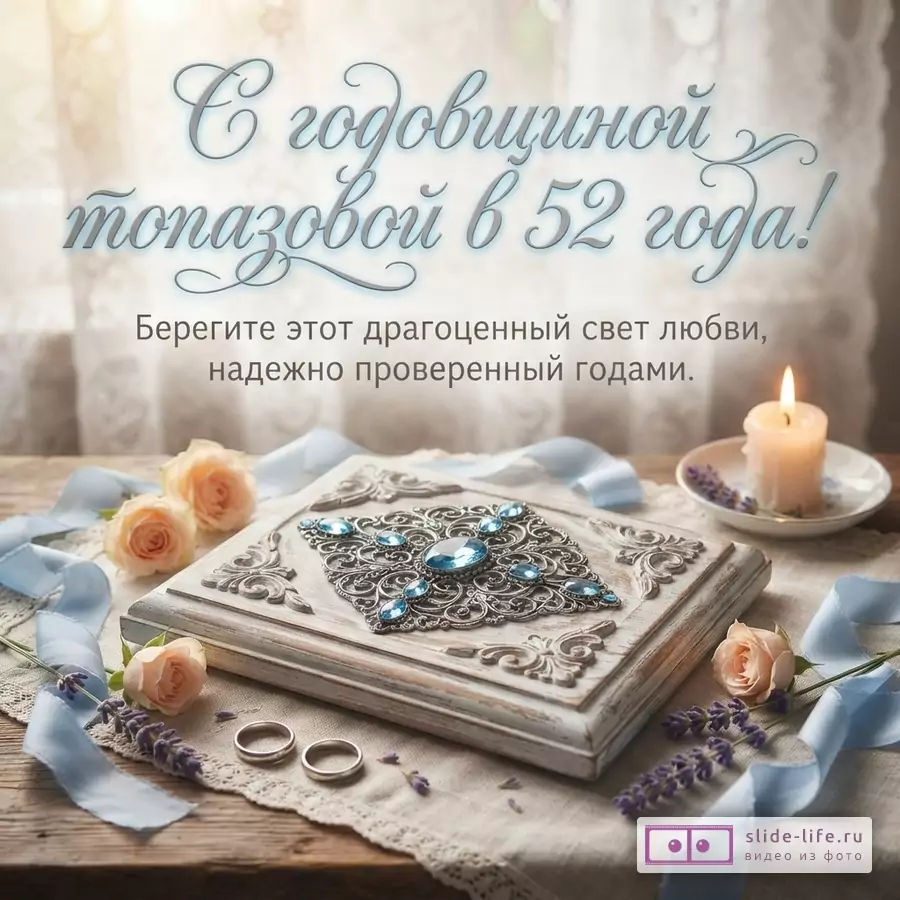 Открытка с белым фоном, голубым текстом, изображением шкатулки с синими камнями, двумя кольцами, розовыми розами, лавандой, голубыми лентами и горящей свечой. Текст: «С годовщиной топазовой в 52 года! Берегите этот драгоценный свет любви, надежно проверенный годами.»