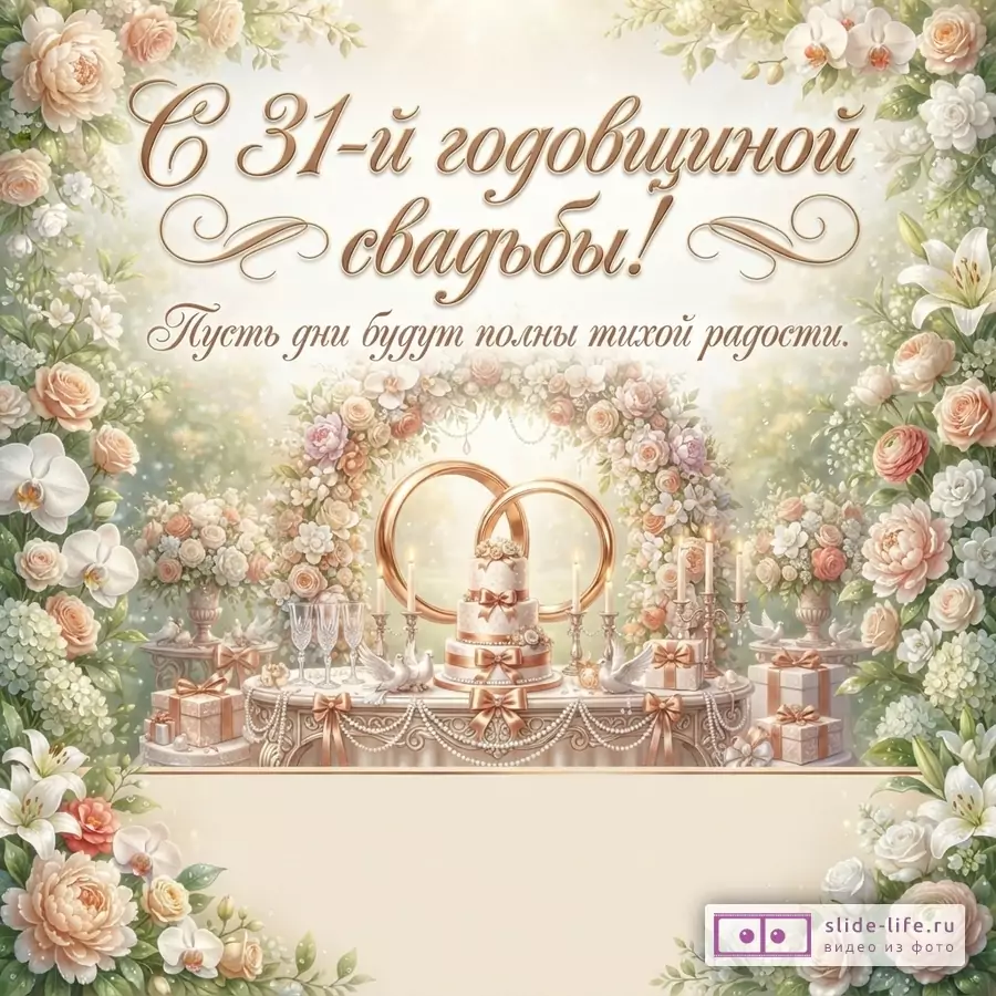 Цветочная свадебная открытка в бежево-золотых тонах с тортом, кольцами, свечами и подарками. Текст: «С 31-й годовщиной свадьбы! Пусть дни будут полны тихой радости.»