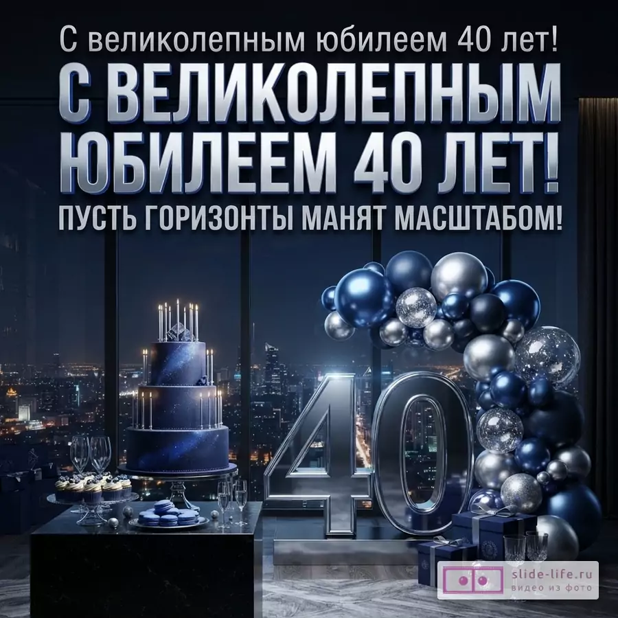 Темный фон с видом на ночной город. В центре композиции большой торт синего цвета с горящими свечами, рядом цифры «40» серебристого цвета. Справа арка из синих и серебристых шаров. Внизу столик с десертами и подарками. Текст: «С великолепным юбилеем 40 лет! Пусть горизонты манят масштабом!»