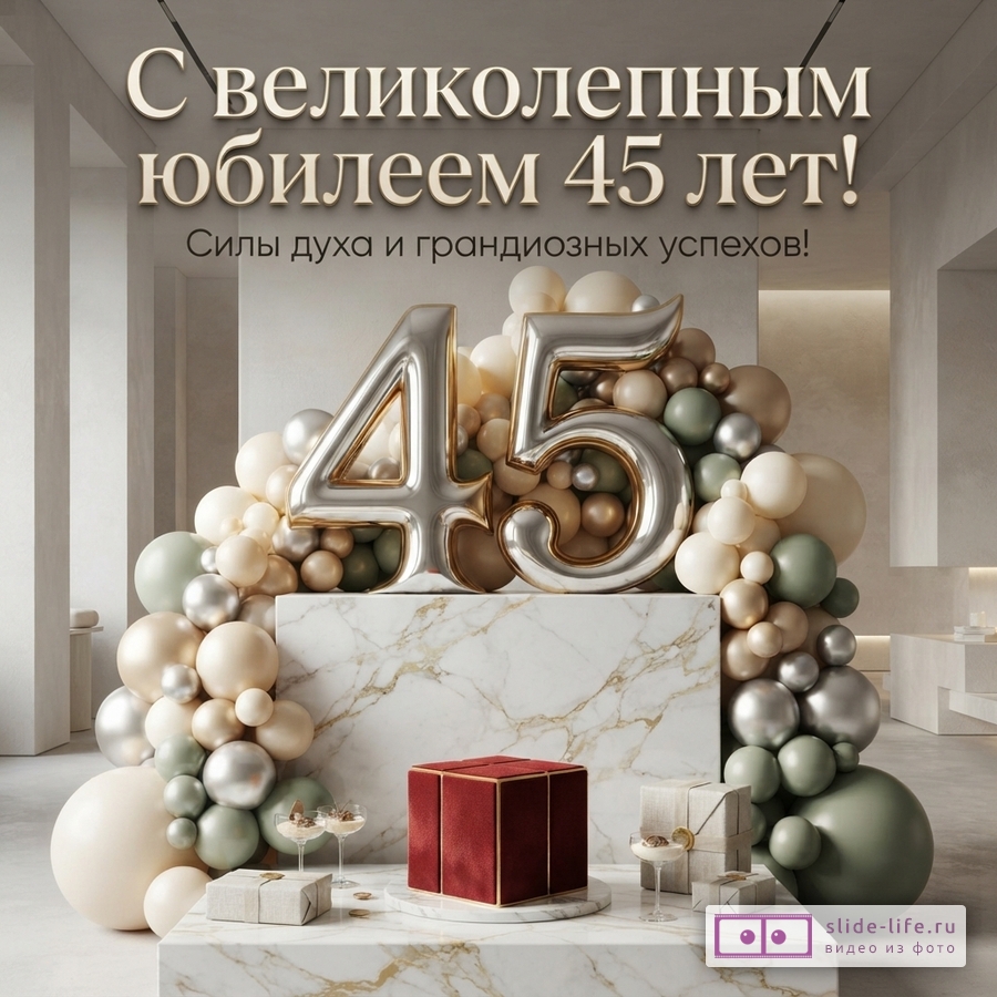 Открытка с бежевым фоном, надпись «С великолепным юбилеем 45 лет! Силы духа и грандиозных успехов!», серебряные цифры 45, композиция из воздушных шаров бежевого, оливкового и серебряного цветов, мраморные постаменты, красная подарочная коробка, подарки в упаковке, бокалы с напитками.